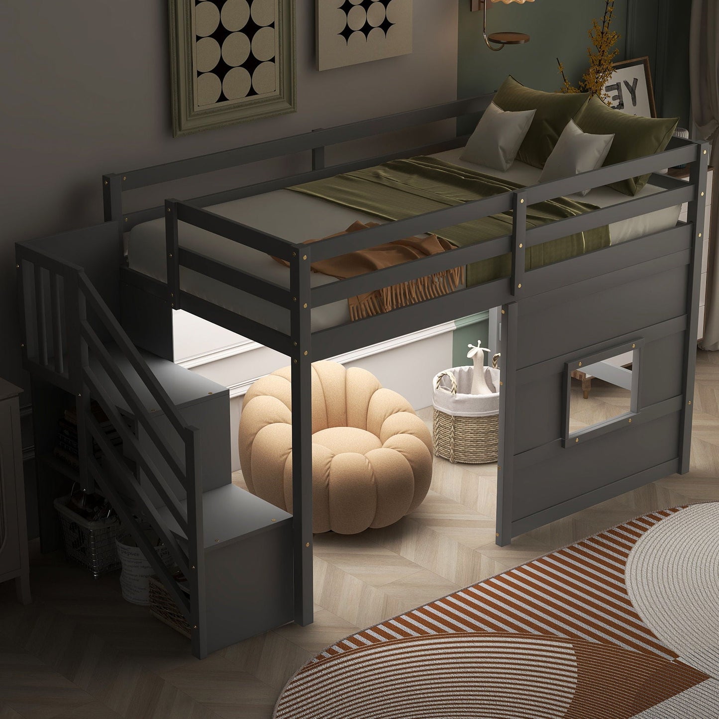 Loft Bed With Storage Staircase, Window & LED Light