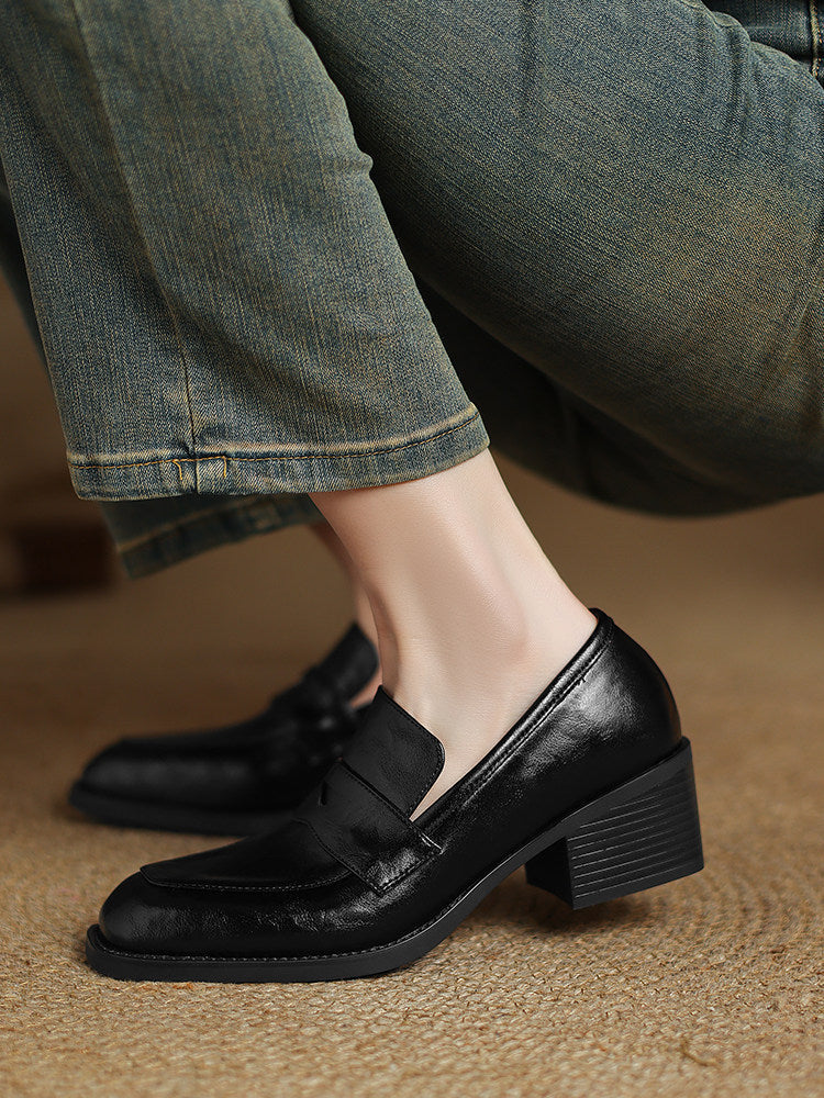 Women's Retro Square-Toe Chunky-Heel Slip-On Loafers – Sheepskin Leather