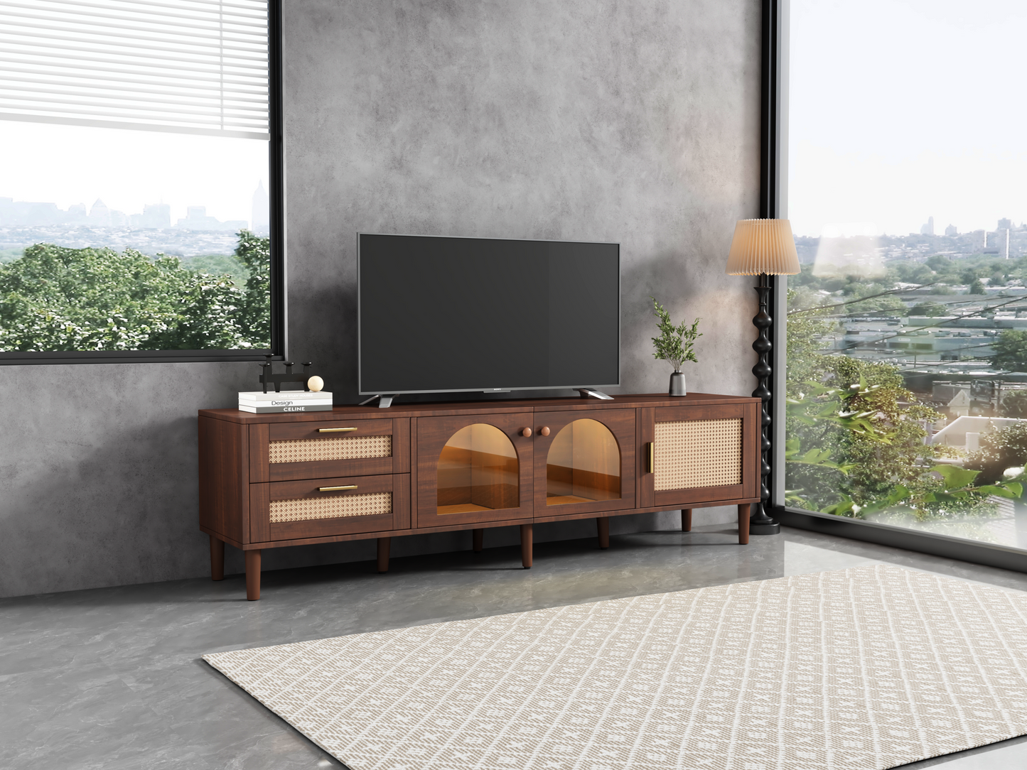 Rattan TV Stand with 3 Cabinets and 2 Drawers