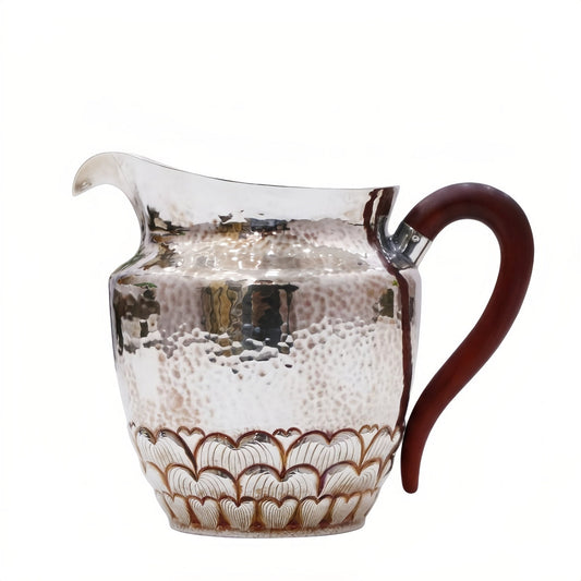 925 Sterling Silver Hand-Hammered Silver Pitcher with Scalloped Base and Curved Wooden Handle - Handicraft
