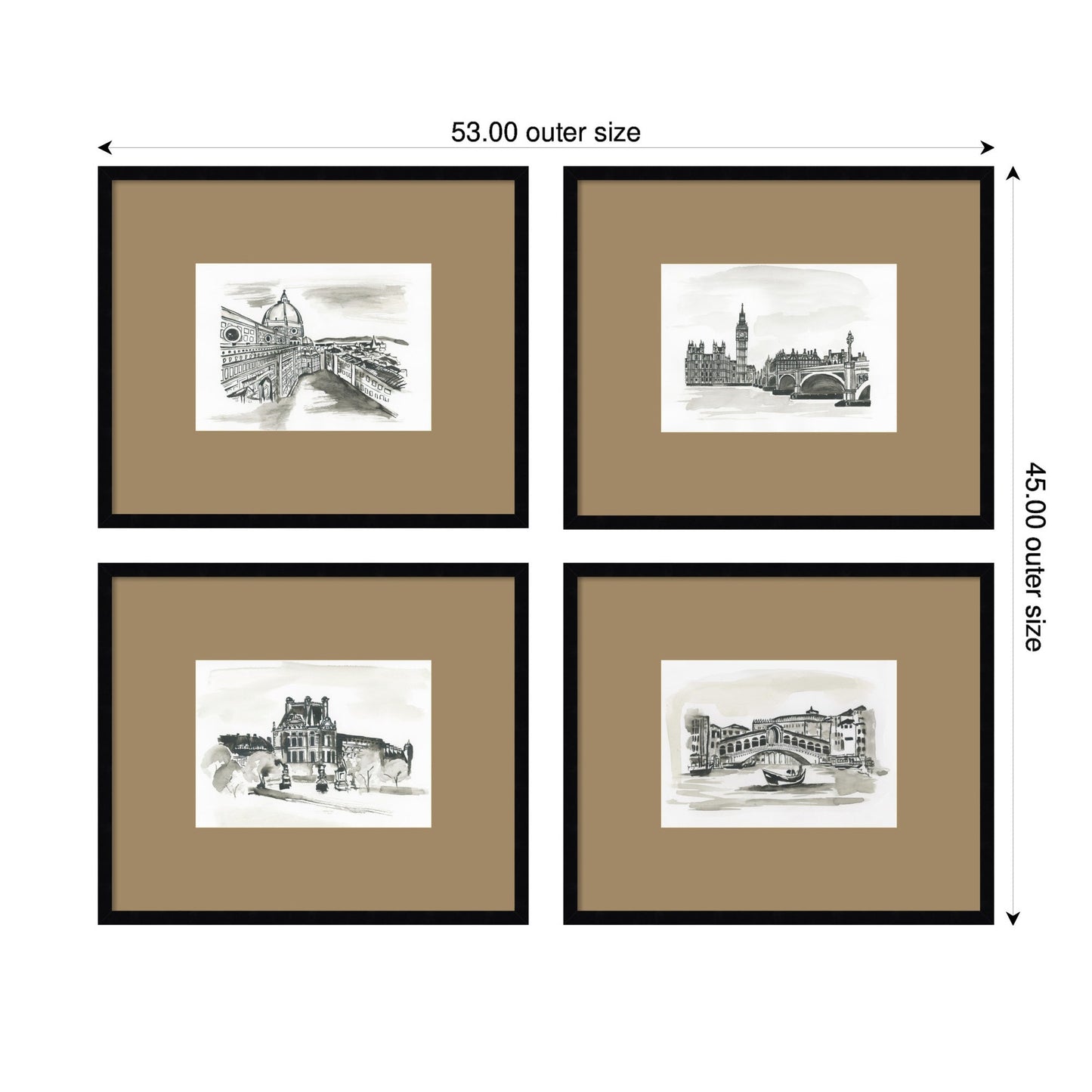 Vintage Europe 4 Piece Framed Wall Art Print Set by Teju Reval Brown Mat