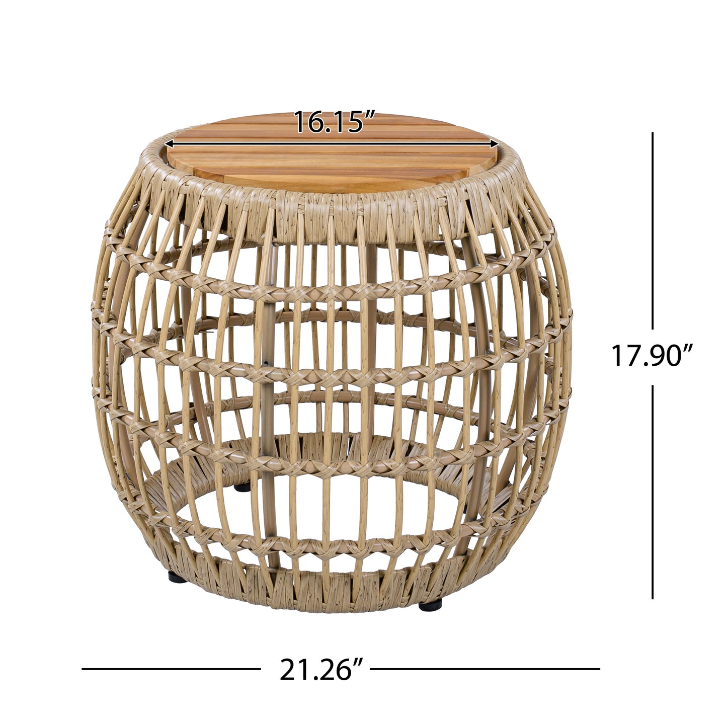 Outdoor Round Side Table Acacia Wood with Wicker Base Light Brown 16 Inch