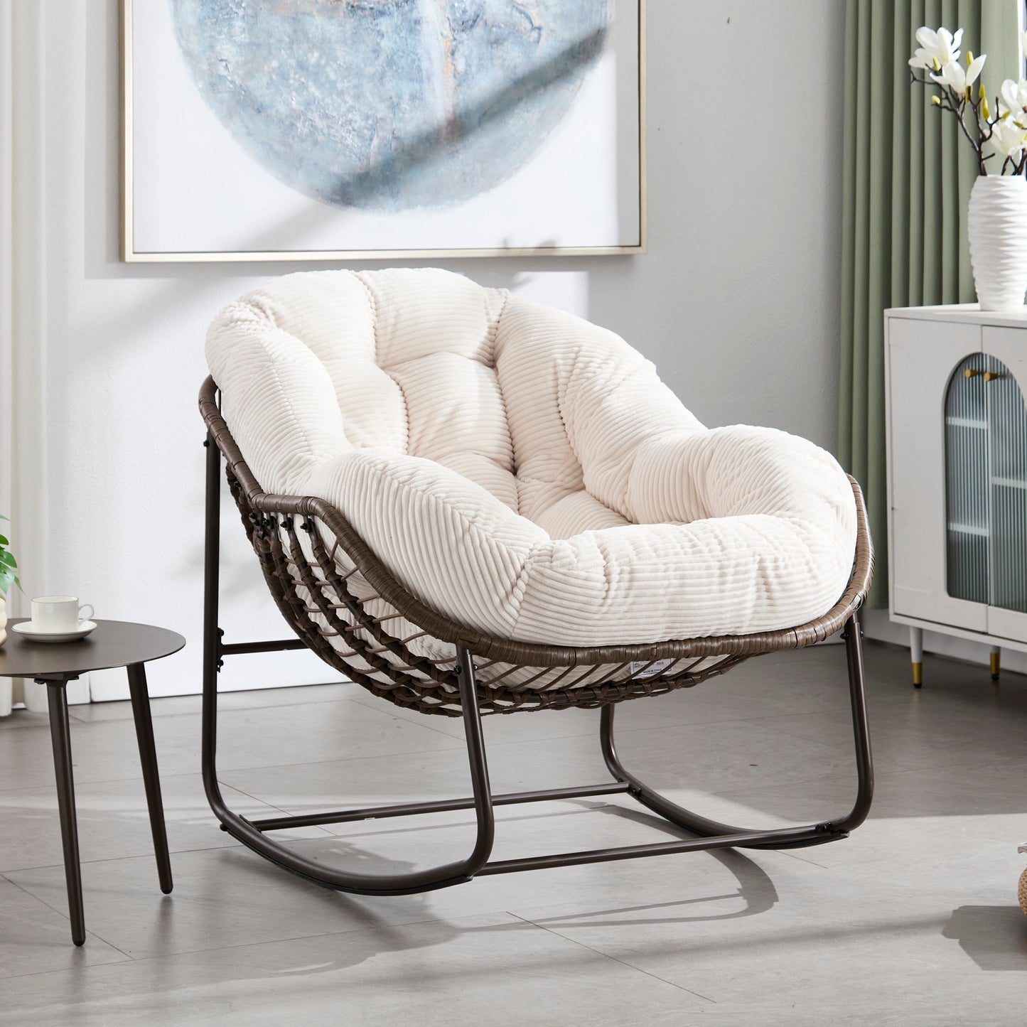 Rocking Chair Rattan Cushioned Seat White