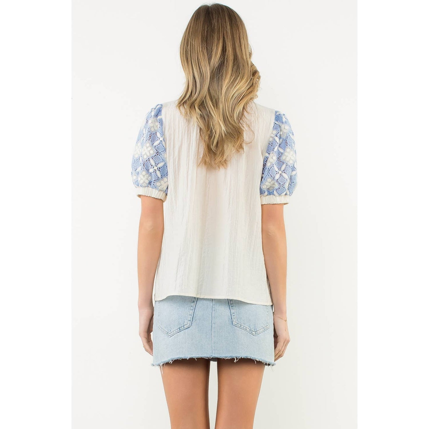 Krysa - Embroidered Yoke Puff Sleeve Crinkle Top