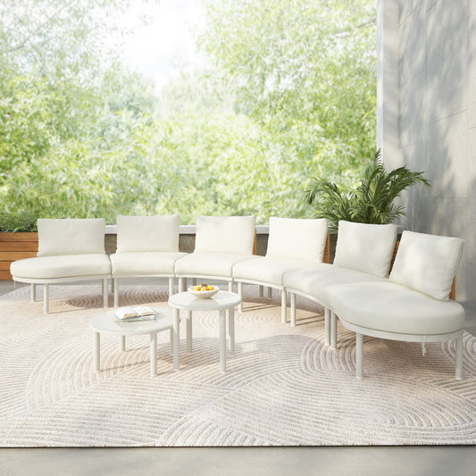 Outdoor Patio Set Half Moon Sectional with Two Coffee Tables Beige Pe Wicker