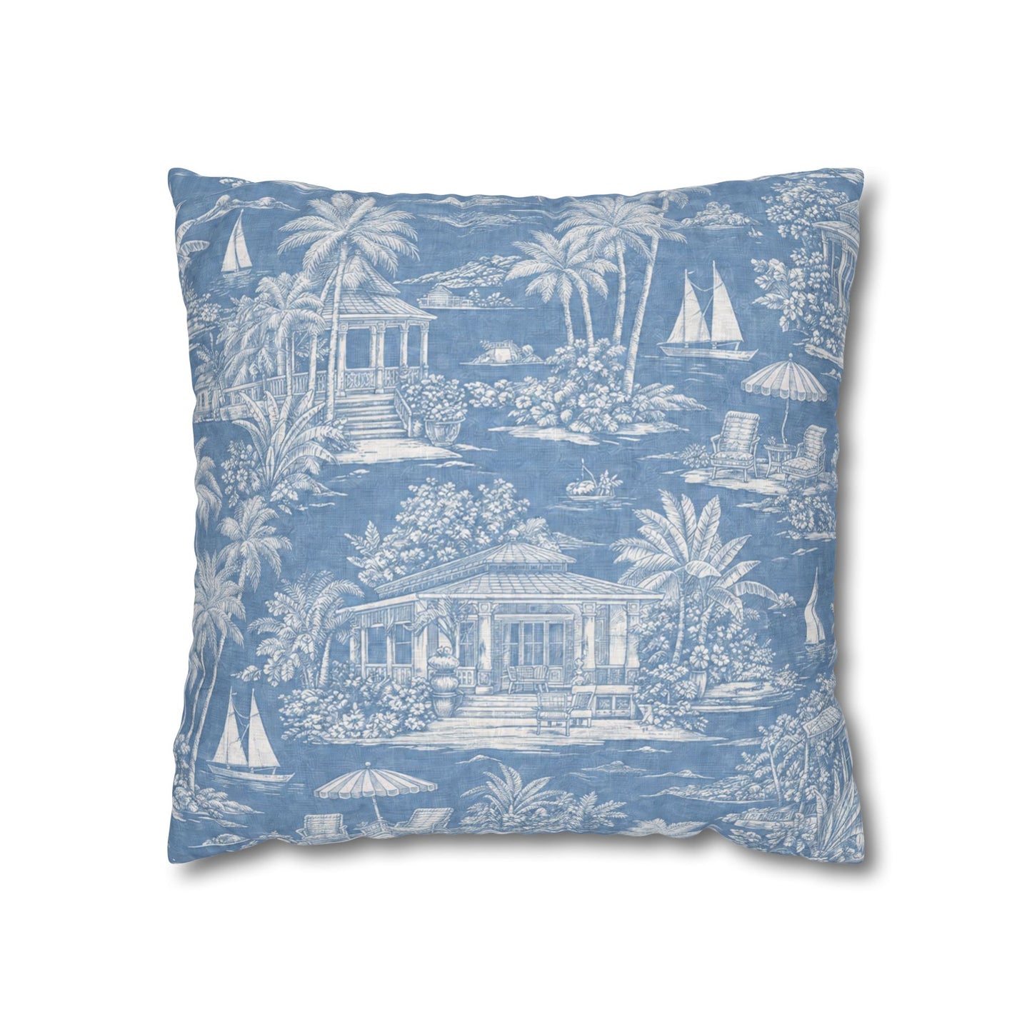 Tropical Beach Toile Pillowcase | Blue Island Cottage Coastal Throw Pillow Cover 18x18