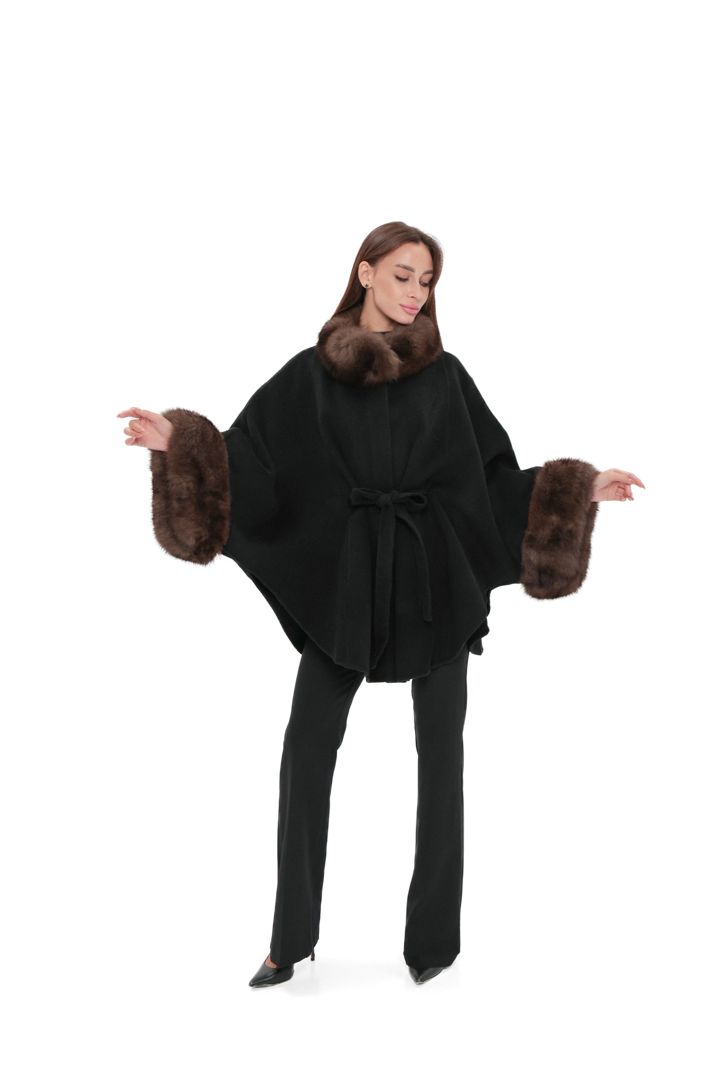 Genuine Polar Fox Fur Double Face Wool Poncho