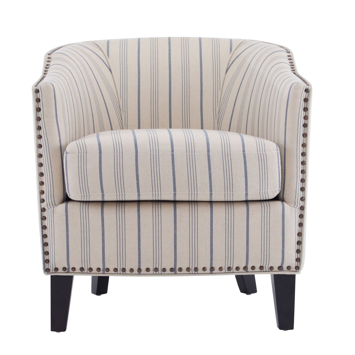 Transitional Upholstered Blue and Beige Stripe Barrel Chair with Birch Wood Legs
