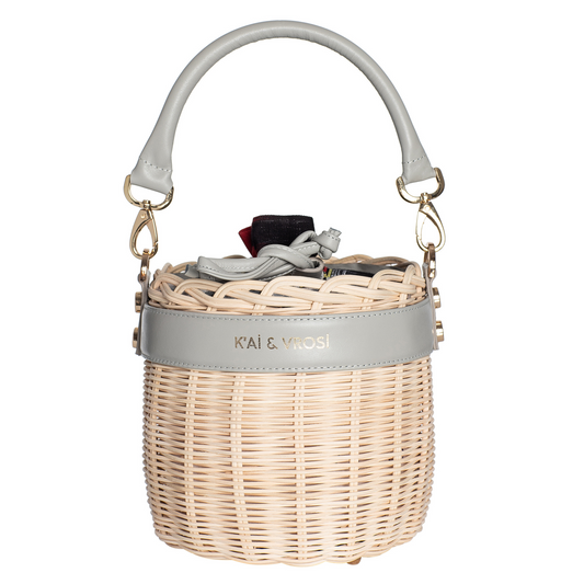 Gray Leather & Straw Bucket Bag with Drawstring