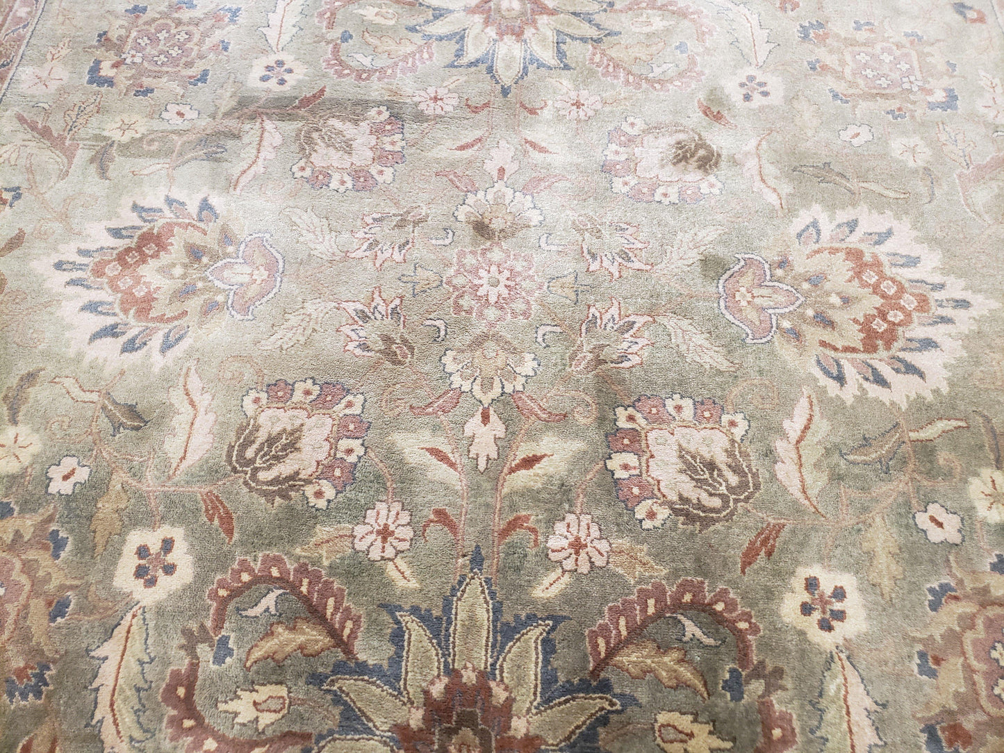 Green Indo Mahal Area Rug 9x12, Wool Hand-Knotted Carpet