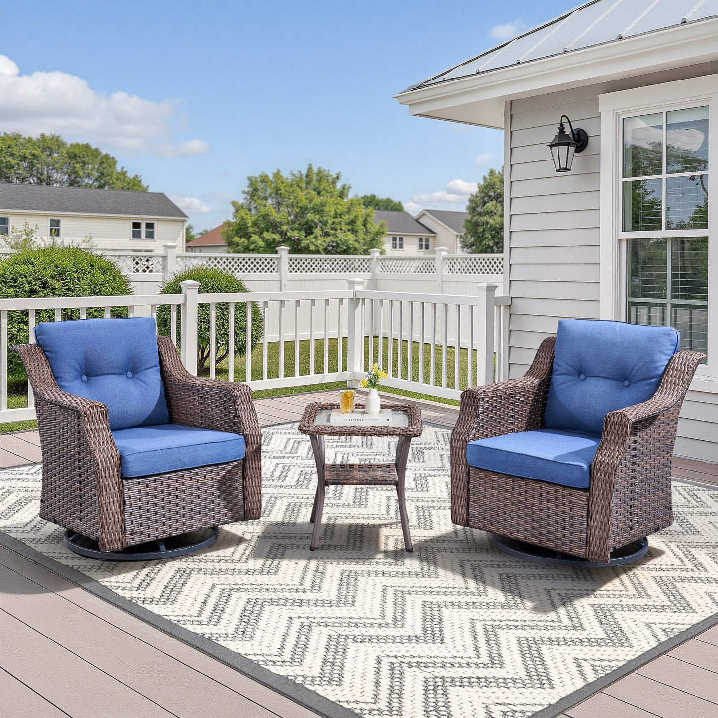 Outdoor Conversation Set PE Rattan Blue 3-Piece Seats 2 with Side Table