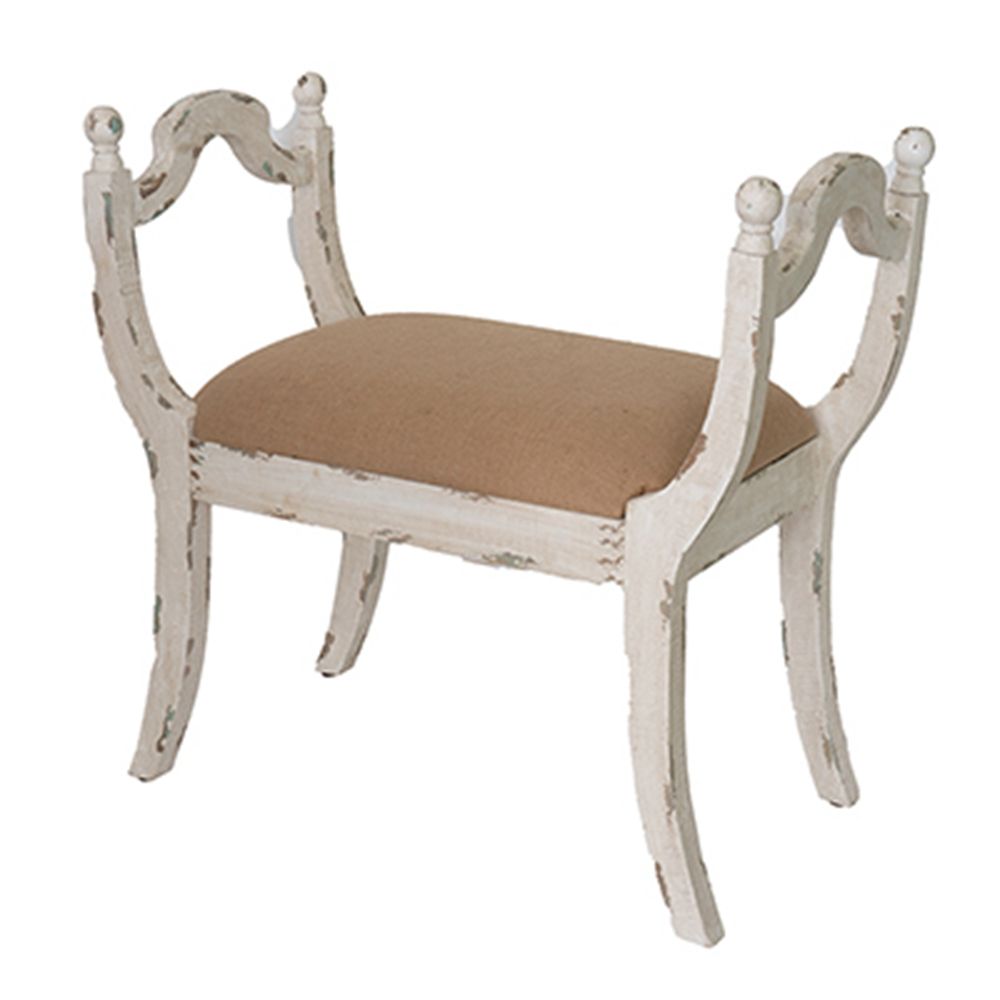 Harlow Country House Bench – Distressed White & Natural Linen