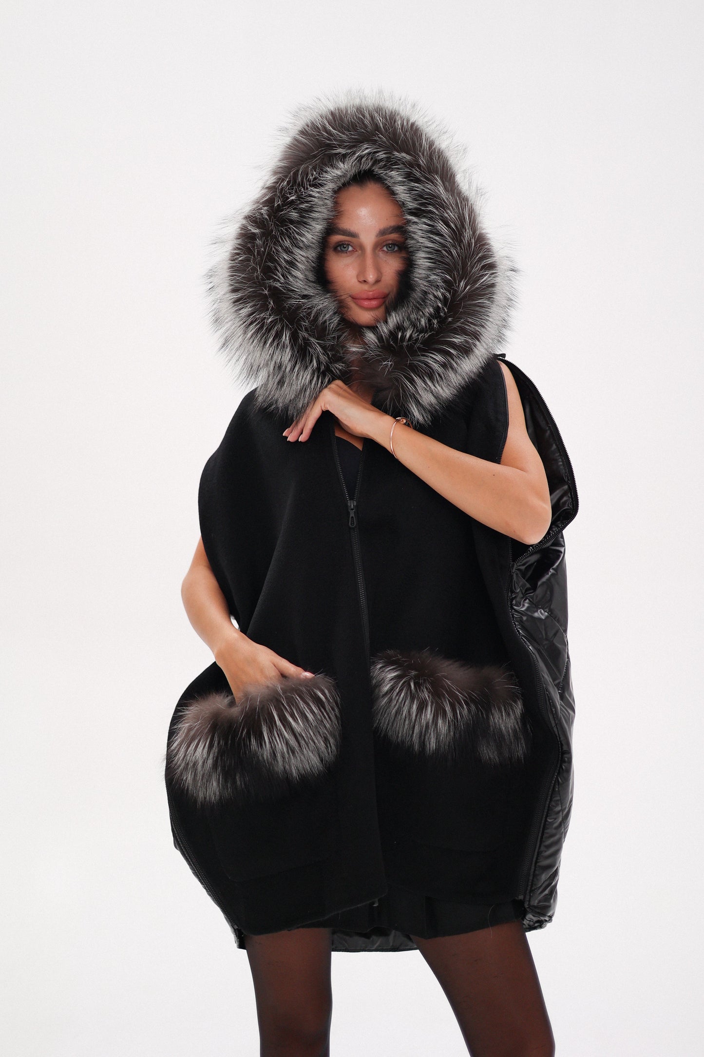 Saga®Furs Silver Fox Wool Alpaca Poncho Vest in Black