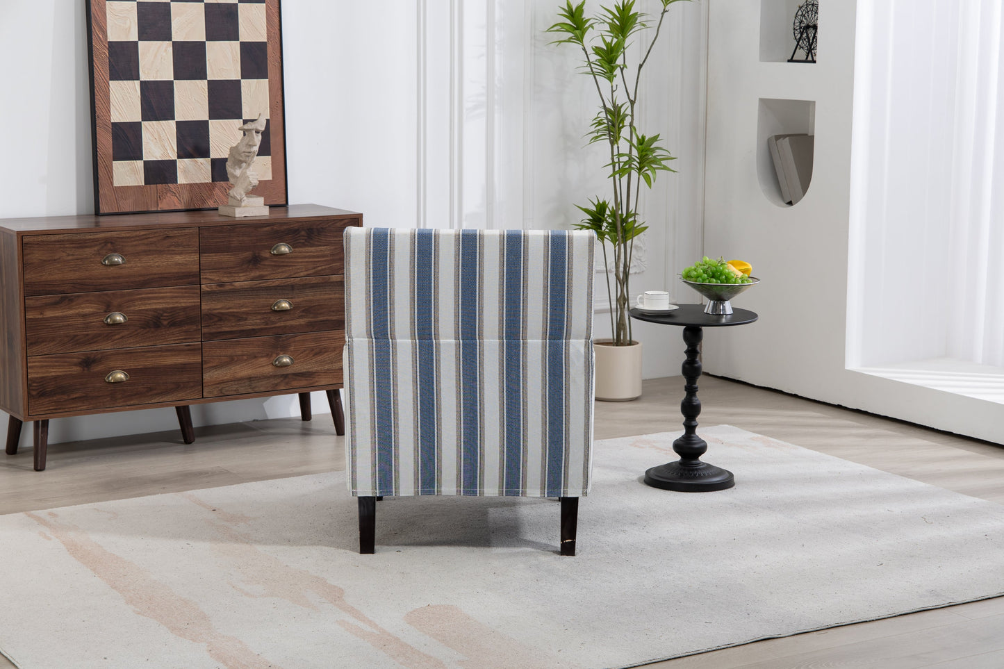 Accent Chair Vintage Blue White Stripe Linen Nailhead Trim
