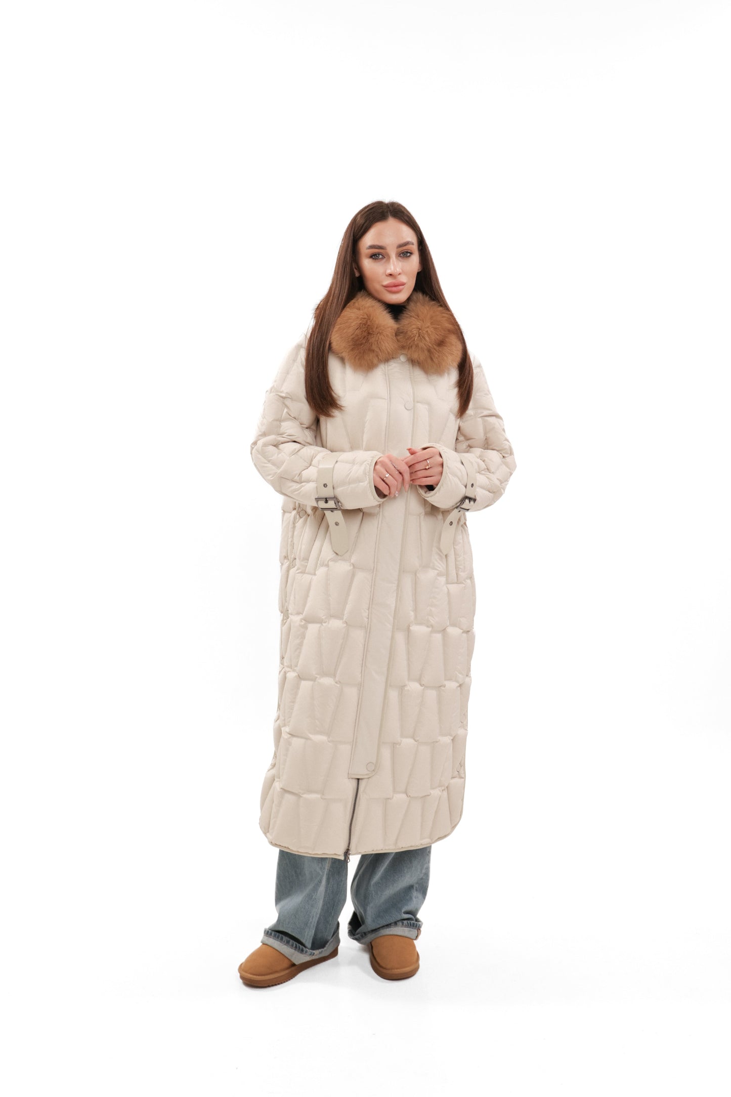 Riley Genuine Fur Trim Down Fill Coat in Ivory