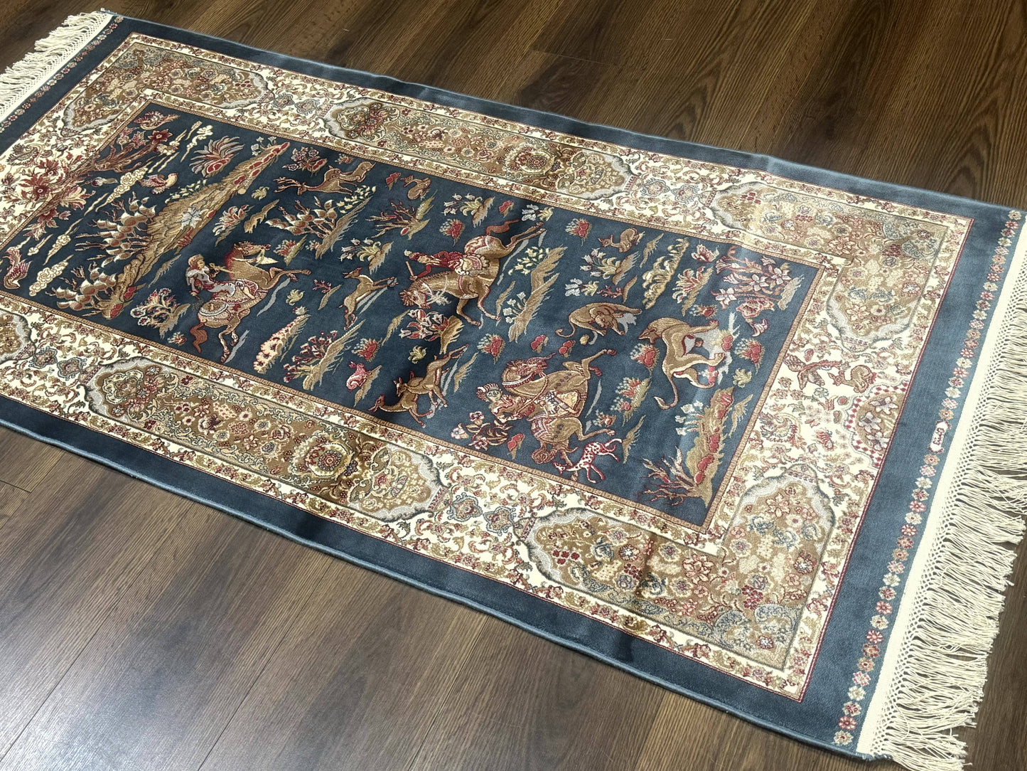 The Sporting Estate Turkish Hunting Scene Rug — Dark Steel Blue &amp; Ivory