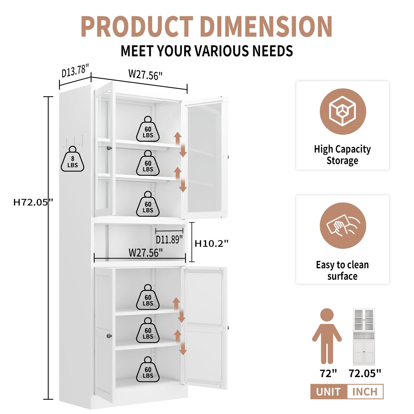 Metal Kitchen Pantry Cabinet Tall Storage With Adjustable Shelves, Heavy Duty Stainless Steel Frame - White