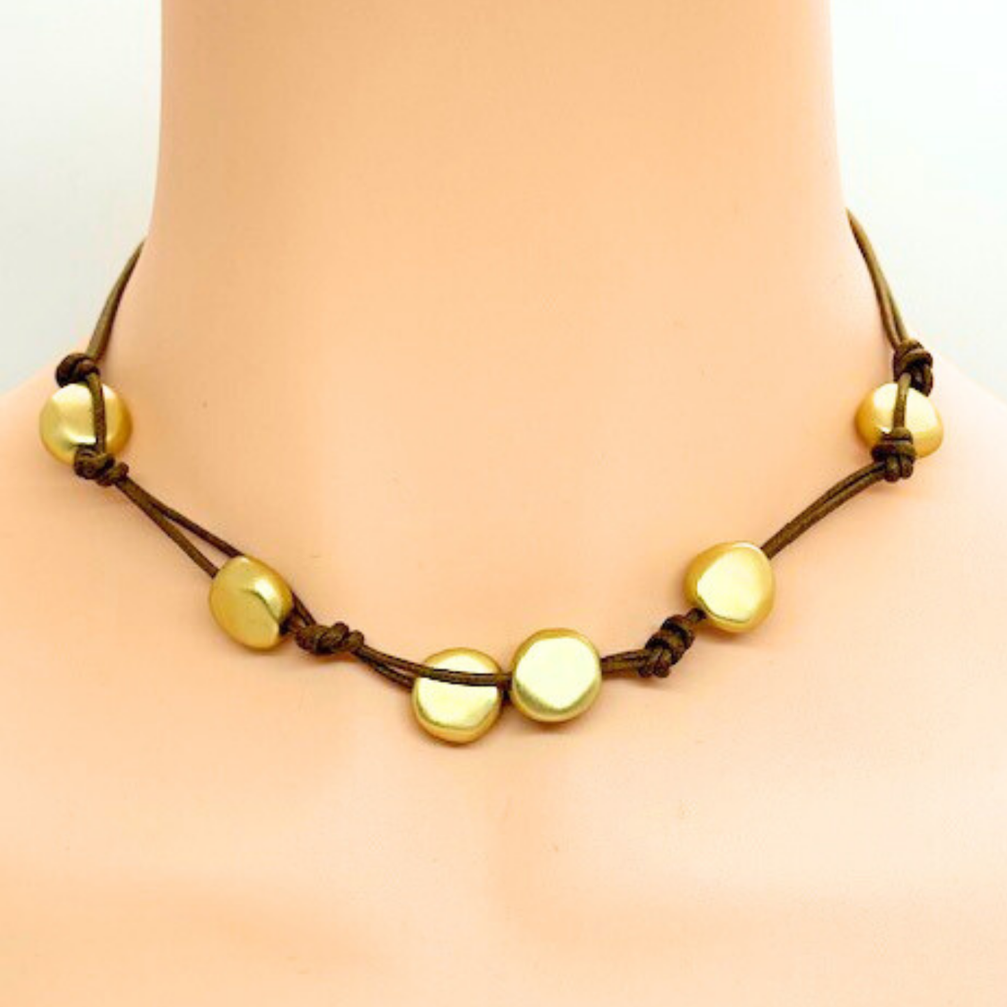 Matte Gold Bead Woven Necklace On Burgundy Linen