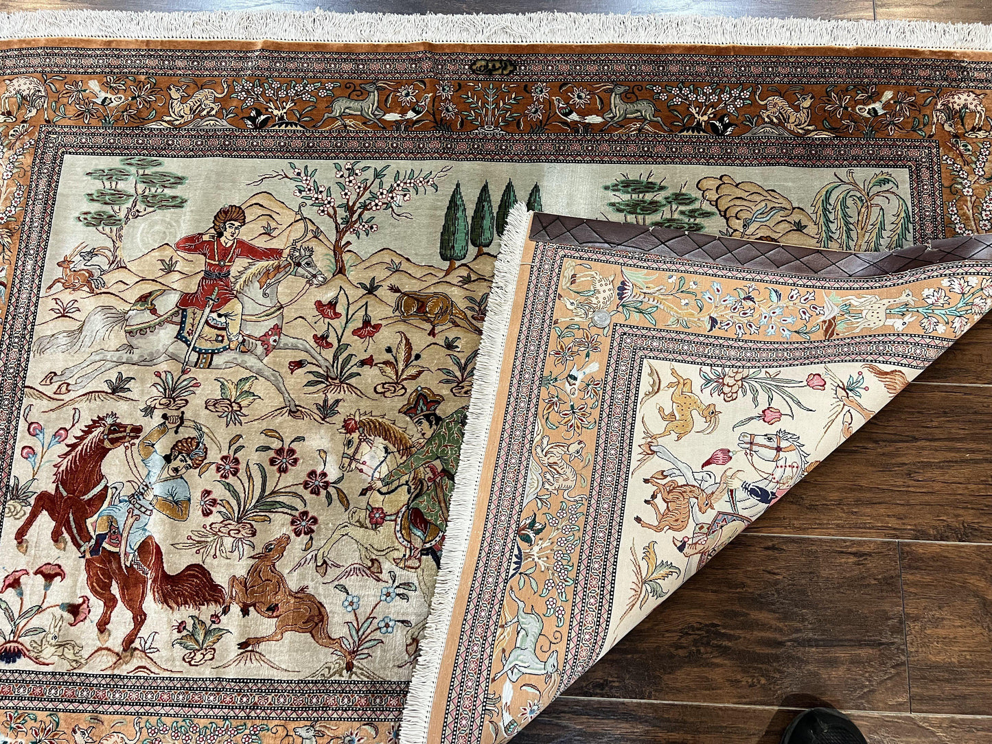 Silk Persian Qum Rug 3x5, Hunting Pattern, Handmade Vintage Carpet, Signed by Master Weaver, Horsemen Pictorials, Super Fine 650 KPSI
