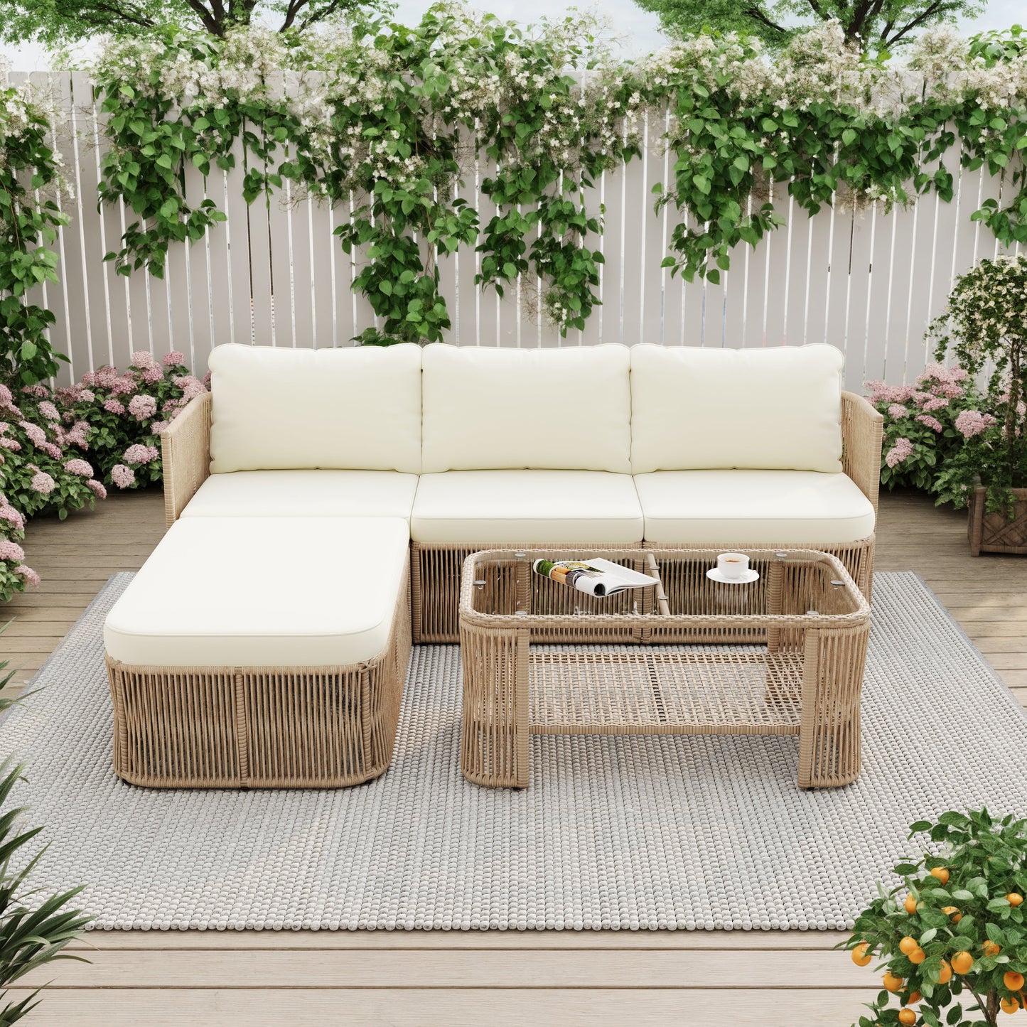 Outdoor Patio Set Rattan Dark Beige Iron Frame Conversation Sofa