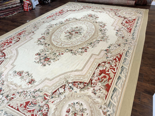 Large Aubusson Rug 11x17, Wool Handmade Vintage Carpet, Ivory Beige, French European Elegant Design, Palace Size Rug