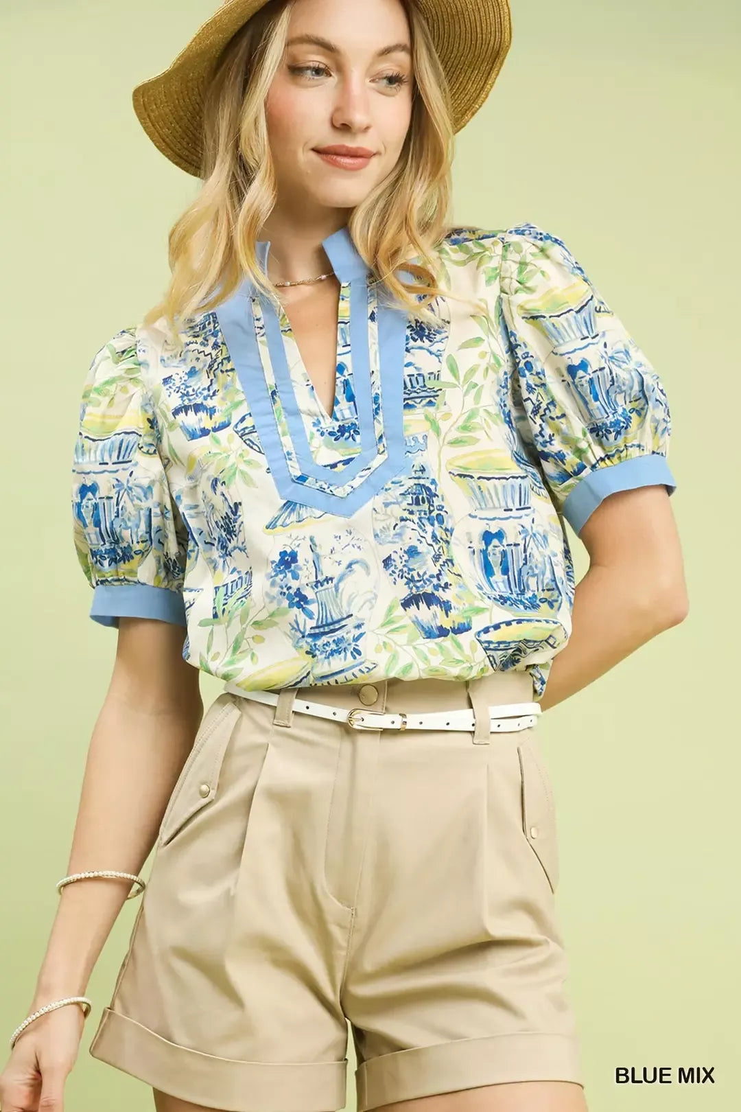 Umgee Abstract Print V-Neck Top in Blue Mix
