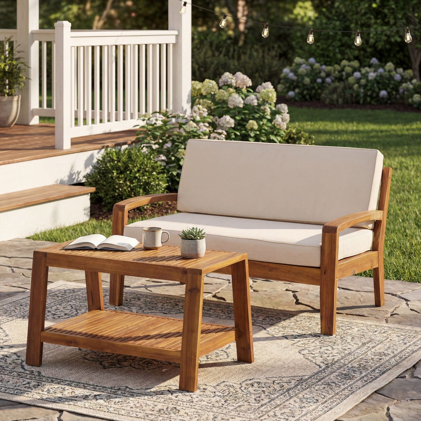 Outdoor Patio Set Modern Teak Acacia Wood with Beige Cushions