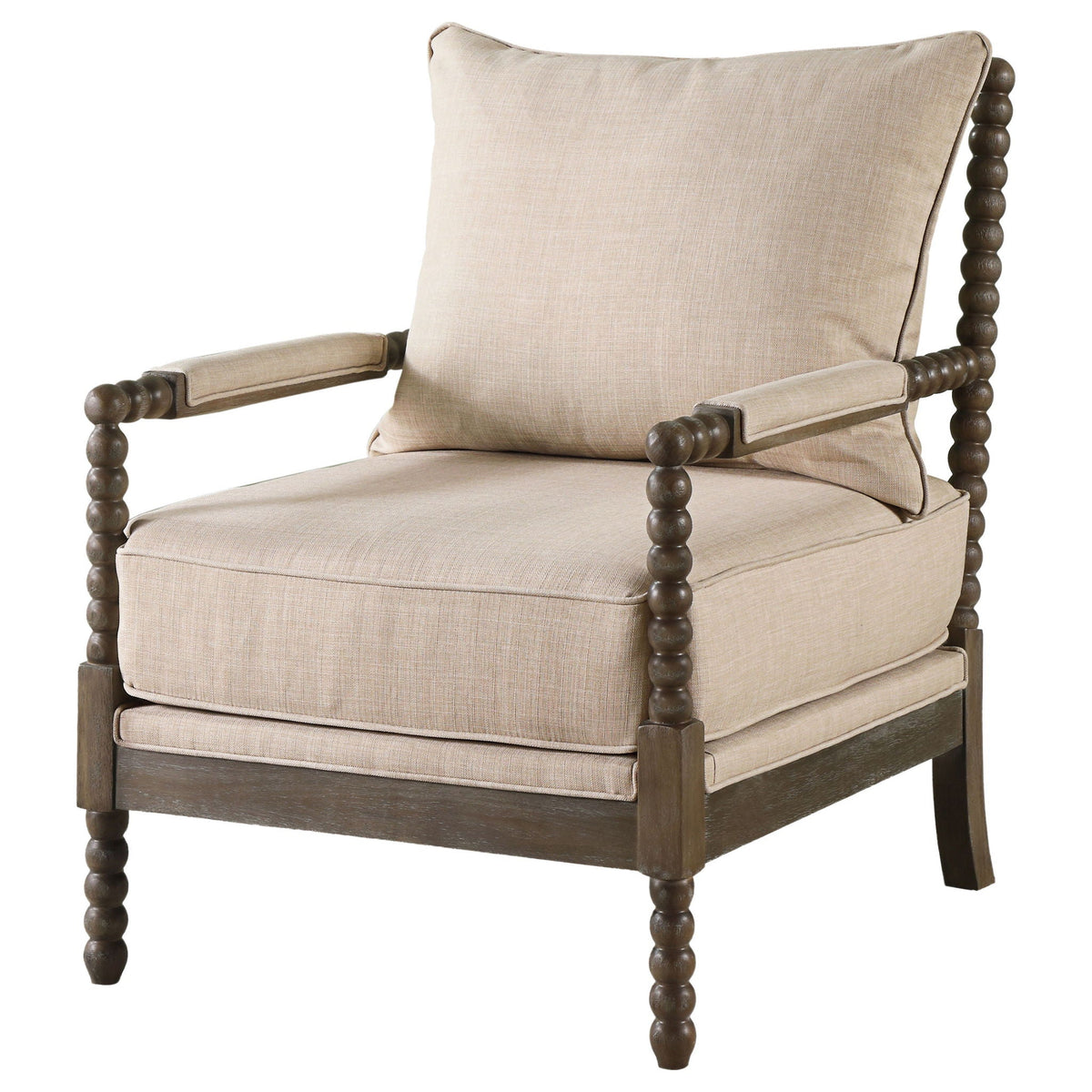 Blanchett Heritage Bobbin Lounge Chair – Beige Linen & Distressed Brown