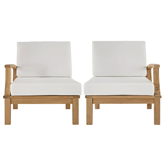Two luxury wooden teak sofa sectional chairs with upholstered white cushions  