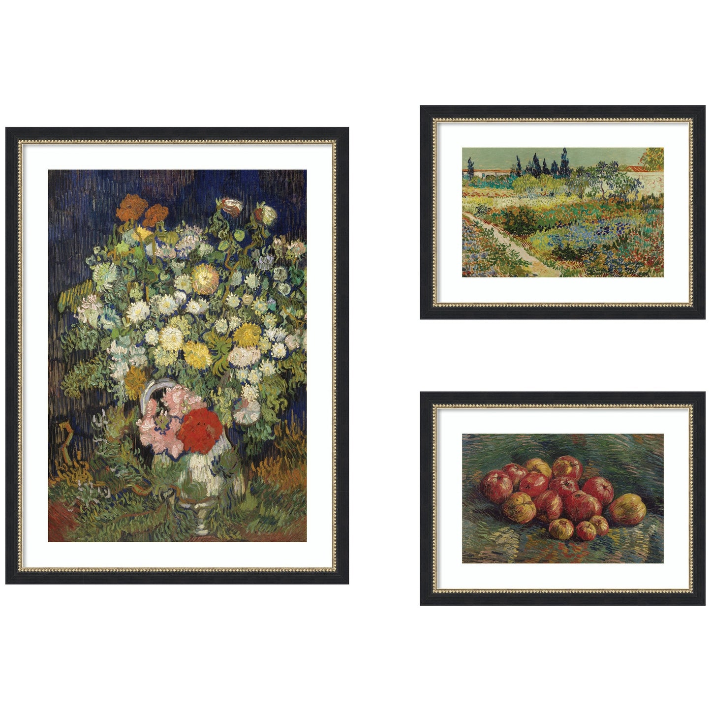 Apples 1887, Bouquet of Flowers in a Vase 1890, & Garden at Arles by Vincent Van Gogh 3 Piece Framed Wall Art Print Set by Nostalgia Prints