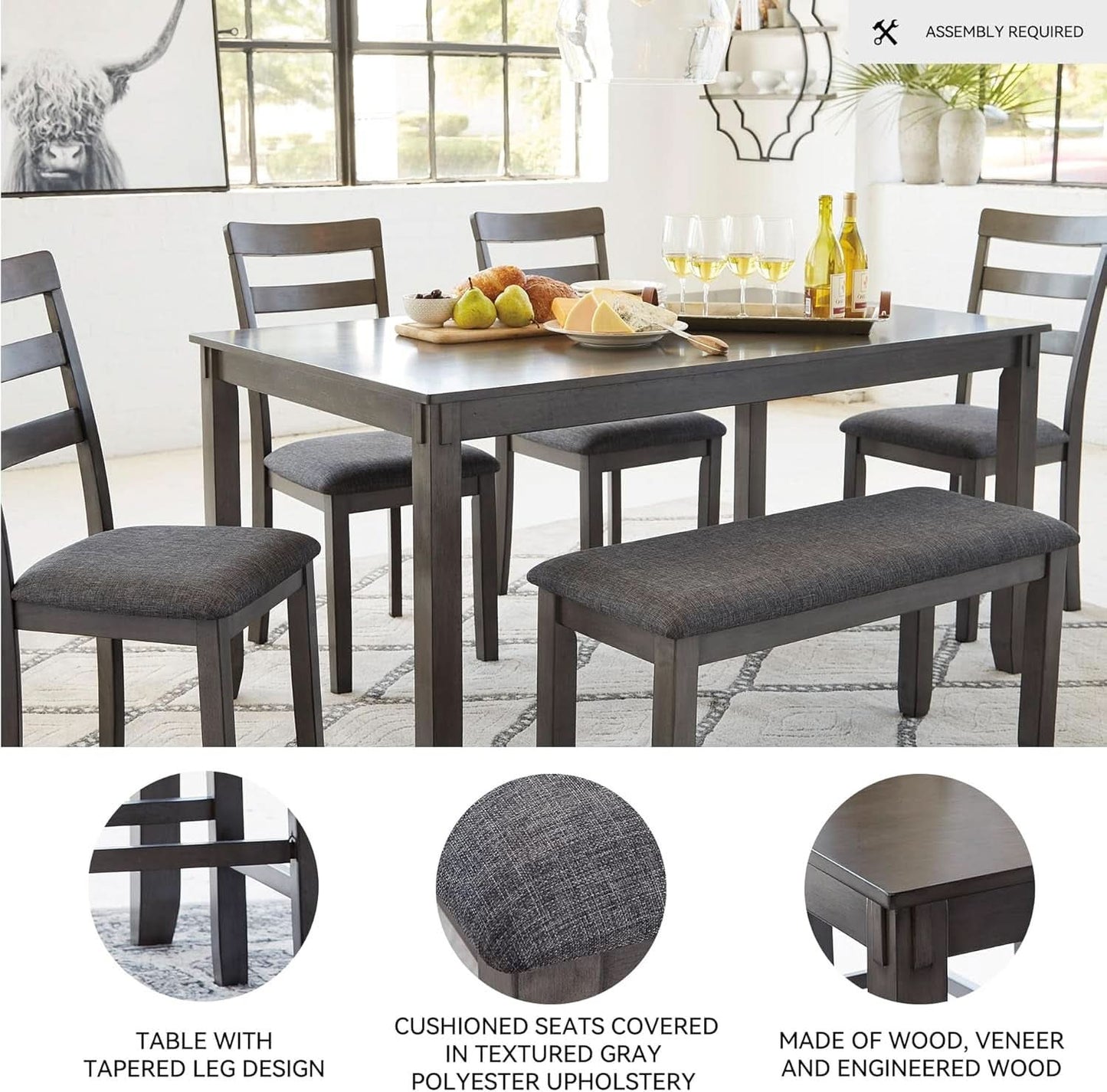 Charcoal Gray 6Piece Contemporary Dining Set Bench