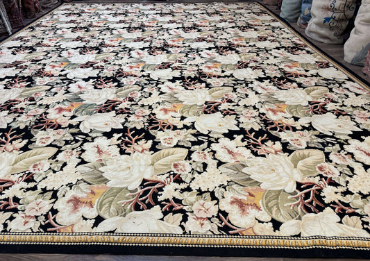 Palace Size Needlepoint Rug 13x17, Extra Large Wool Floral Handmade Carpet, European Design, Botanical