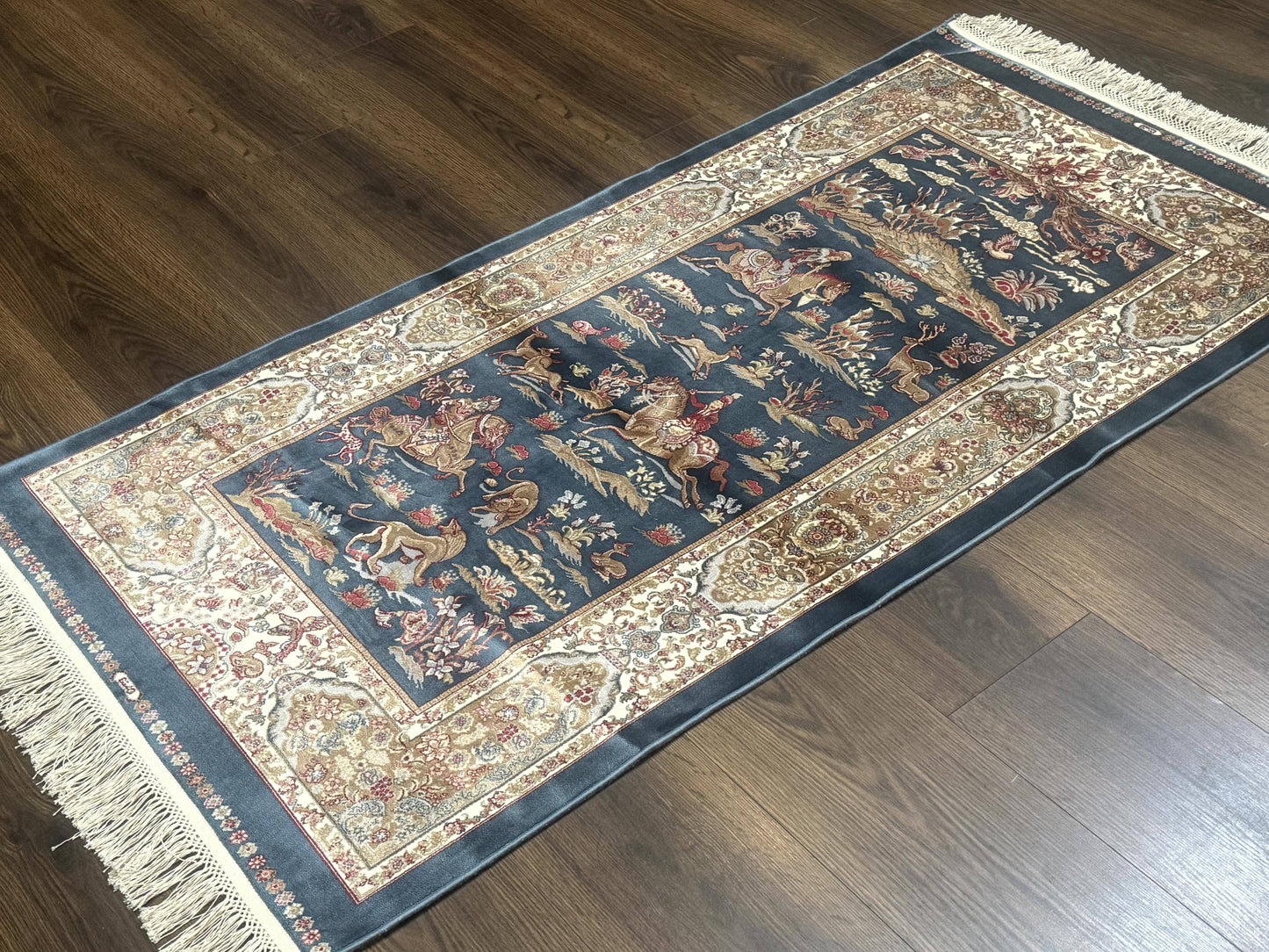 The Sporting Estate Turkish Hunting Scene Rug — Dark Steel Blue &amp; Ivory