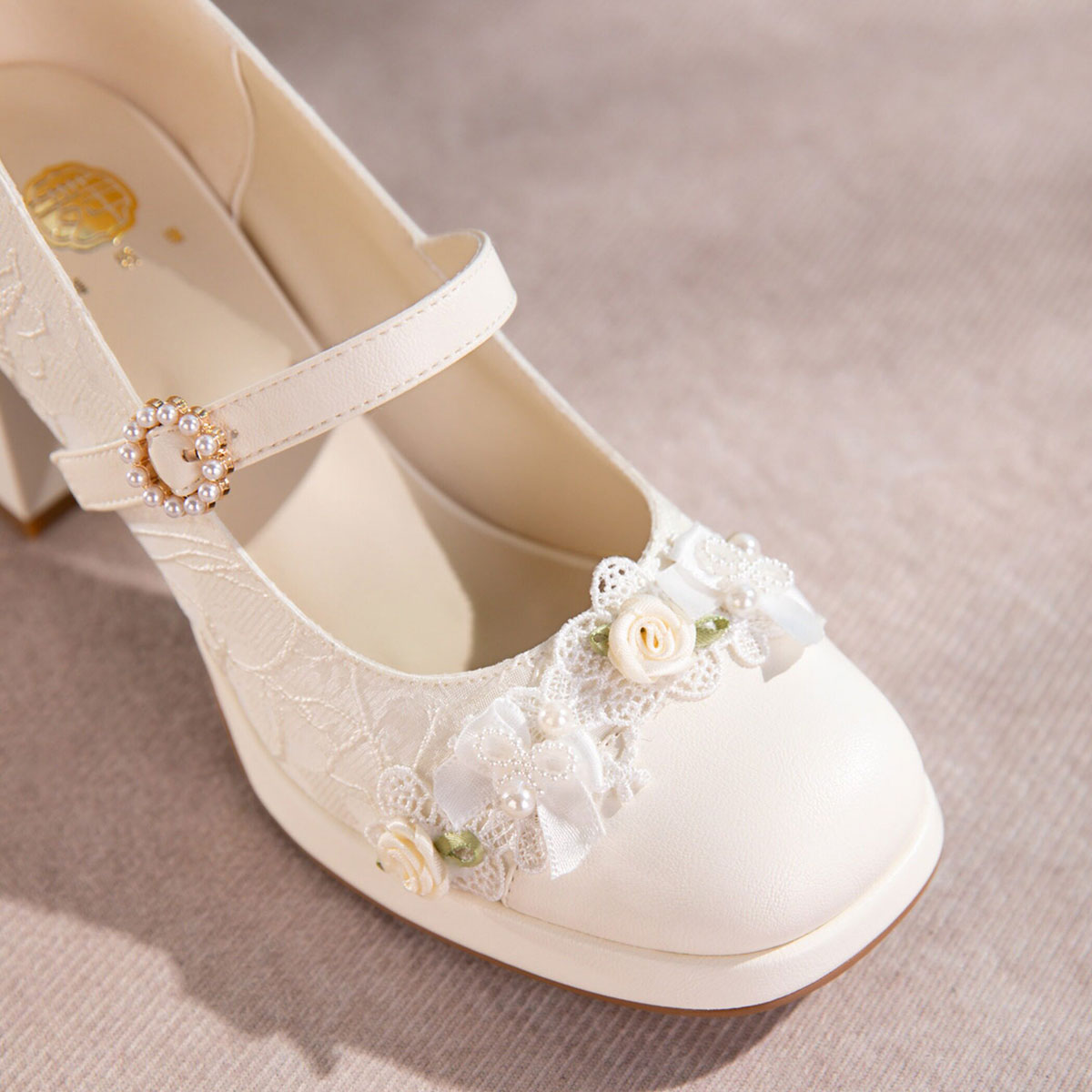 Women's Lace Mary Jane Platform Heels | Pearl Buckle Bridal Shoes