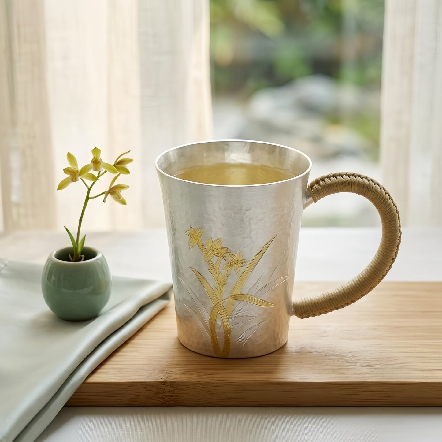 925 Sterling Silver Elegant Hammered Silver Mug with Orchid Engravings and Woven Handle - Handicraft