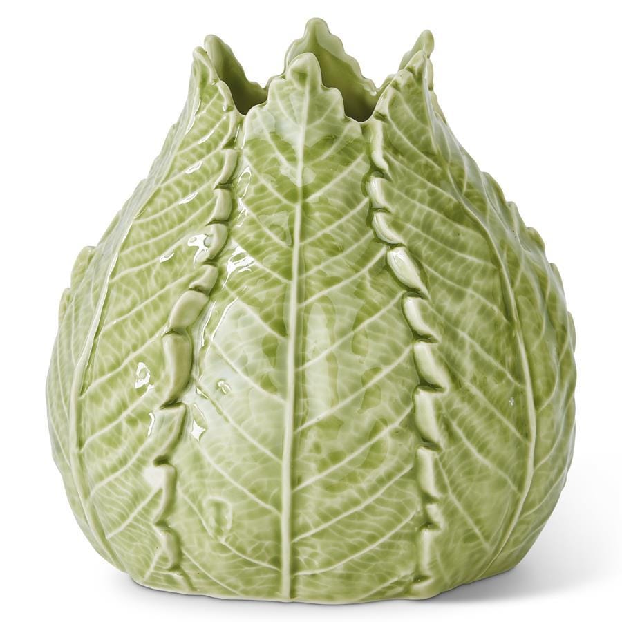 Green ceramic cabbage-shaped vase on a white background