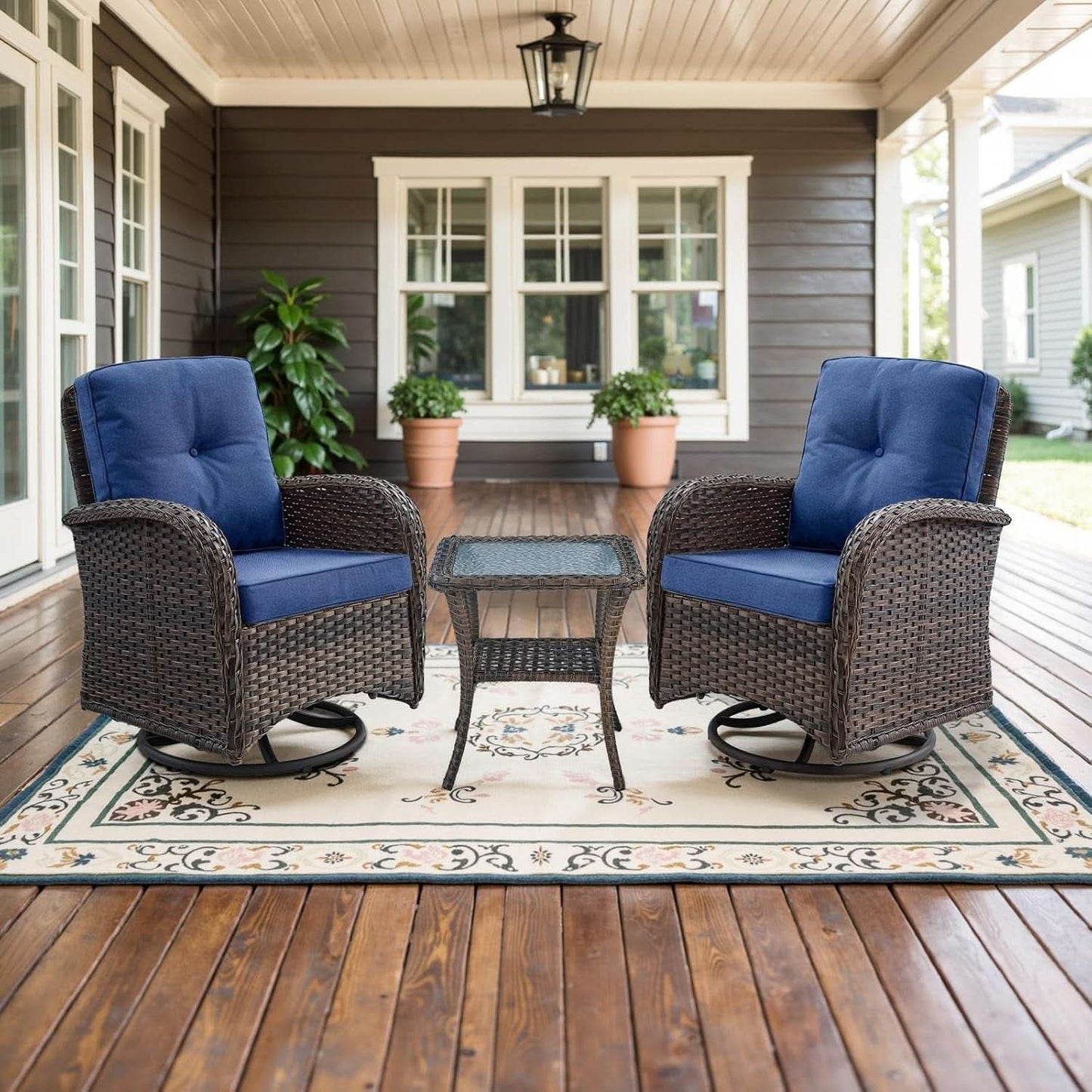 Patio Wicker Swivel Rocker Chair Set with Glass-Top Side Table – Brown & Blue