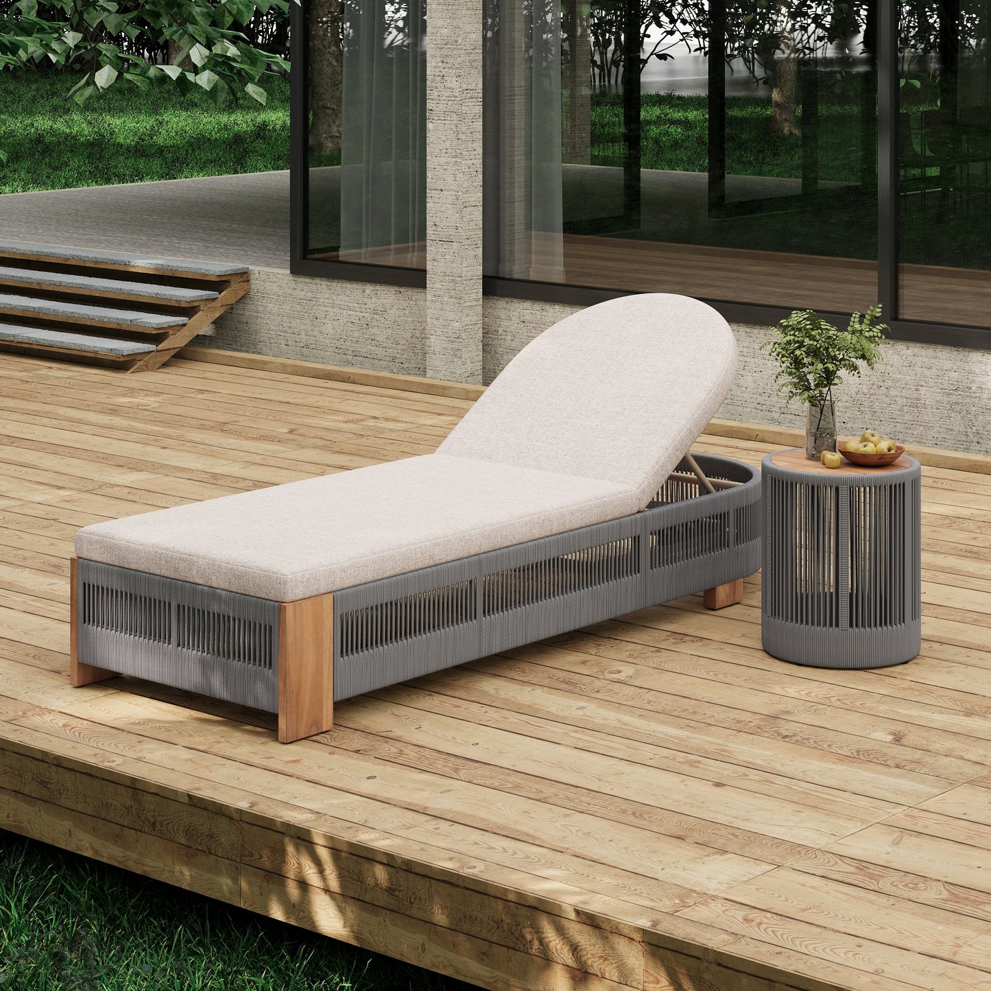 Outdoor Rope Lounge Set with Adjustable Backrest Teak Side Table Beige Cushions