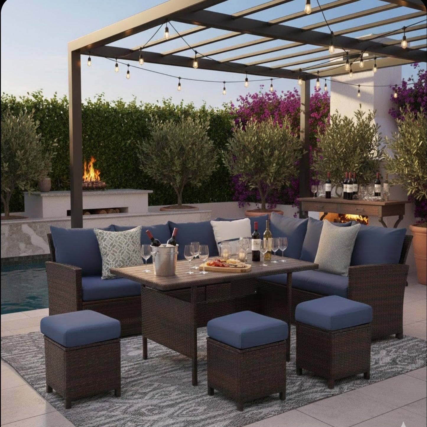 7-Piece Outdoor Patio Dining Set with Modular Sectional Sofa & Storage Coffee Table