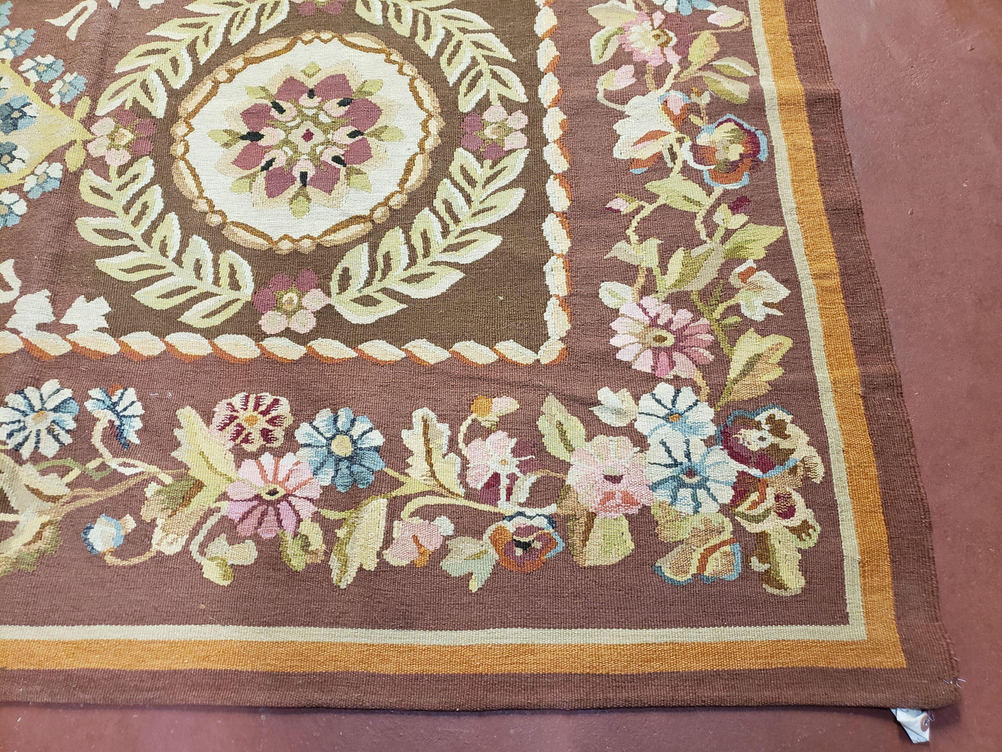 Aubusson Rug 6 x 9 Flat Weave Area Carpet European Design Flowers New Brown Rug Handmade Wool Hand-Knotted Aubusson Weave Medium Rug 6x9