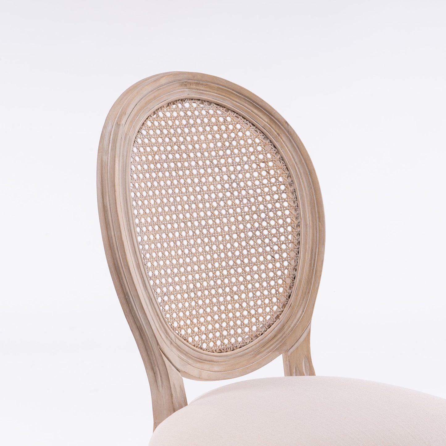 French Style Solid Wood Linen Fabric Rattan Back Dining Chair, Set of 2, Beige