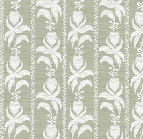 Blocked Tulips in Green Grasscloth Wallpaper