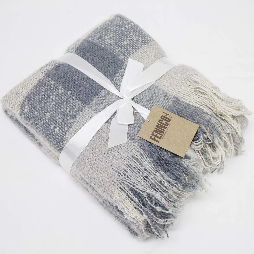Harbor Plaid Faux Mohair Fringed Throw Blanket