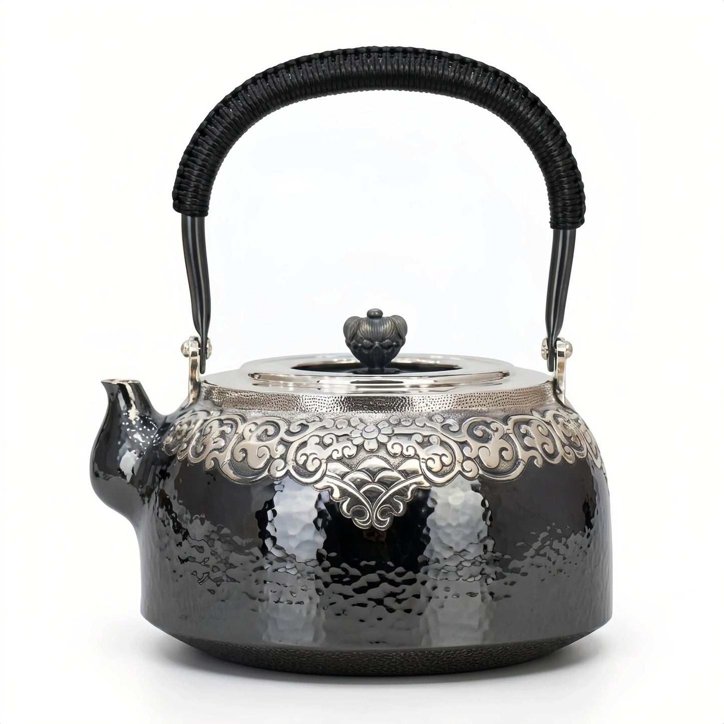 925 Sterling Silver Hand-Hammered Silver Teapot with Intricate Filigree Engraving and Wrapped Handle - Handicraft