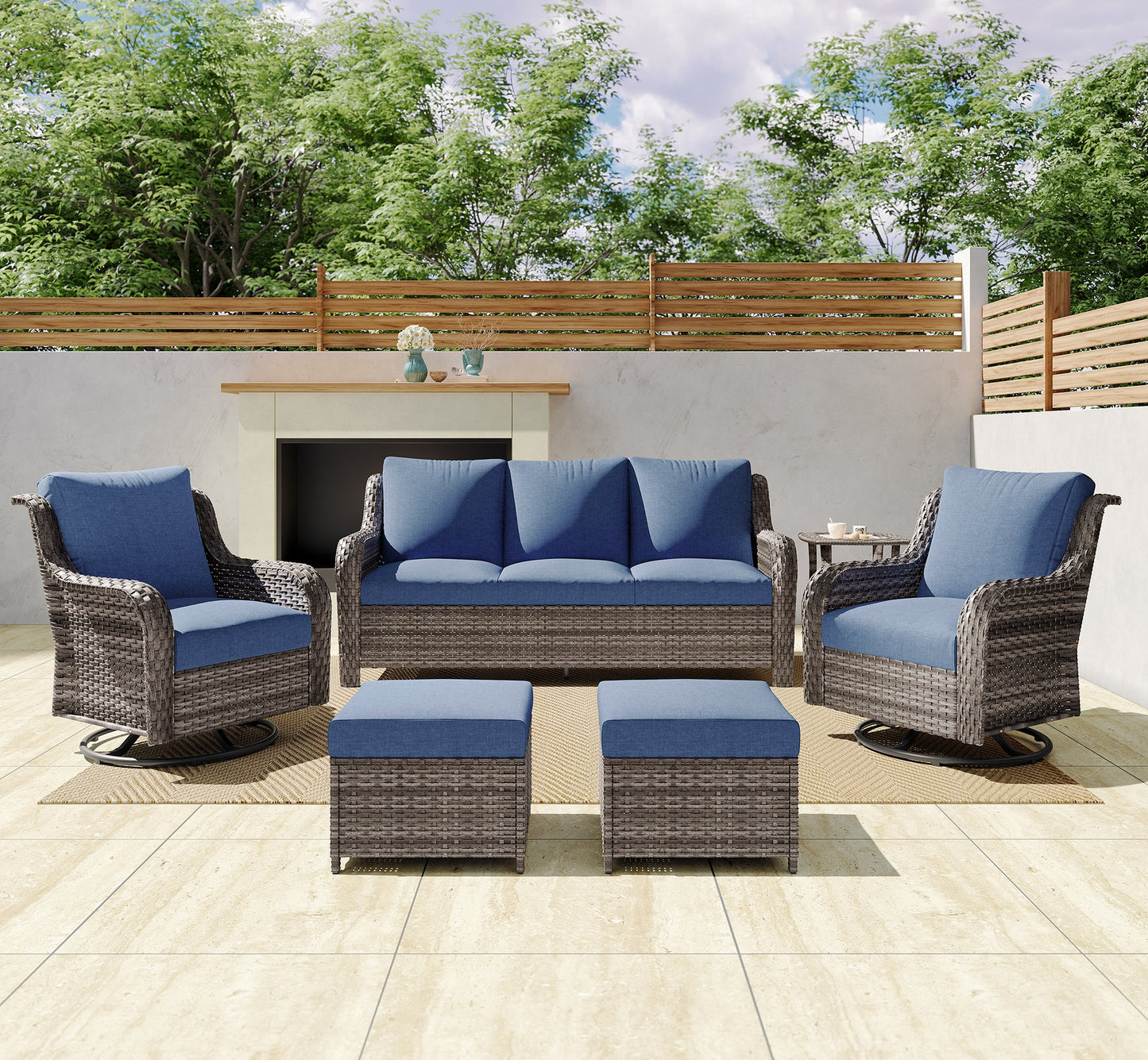 Sofa Set Modern with Three-Seater, Two Swivel Chairs, Footstools and Side Table