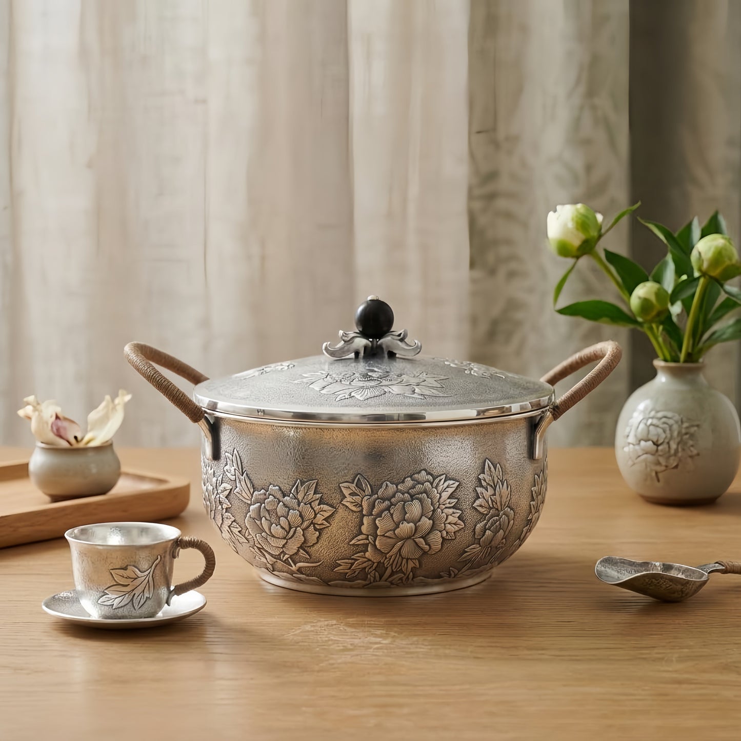 925 Sterling Silver Elegant Handcrafted  Serving Pot with Floral Motifs and Wooden Handles-Premium Hot Pot - Handicraft