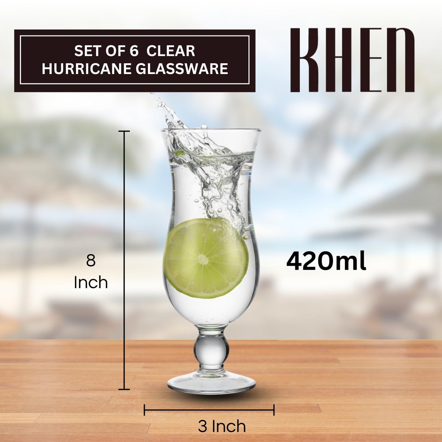 Hurricane Glassware Set of 6, Clear Glass Drinkware