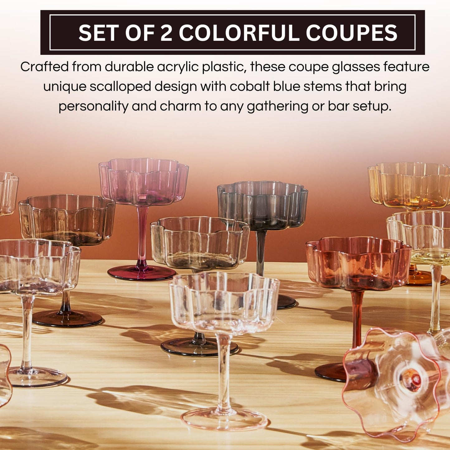 Flower Wave Coupe Cocktail Colored Glasses | Set of 2 | Cobalt Blue