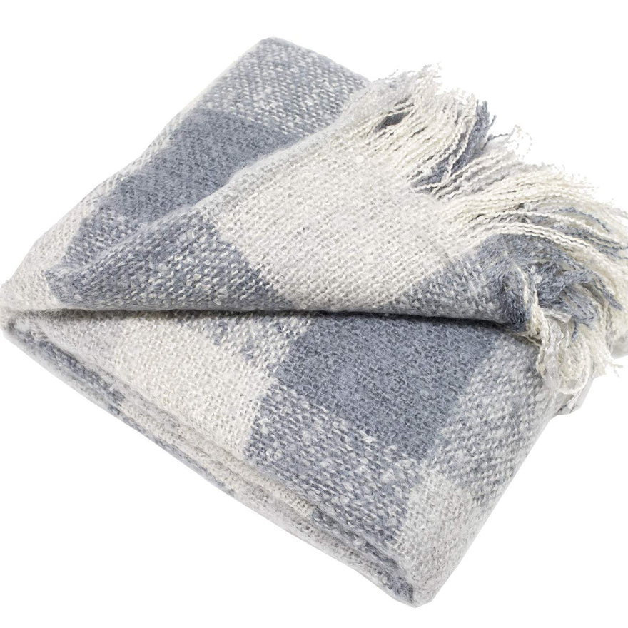 Harbor Plaid Faux Mohair Fringed Throw Blanket