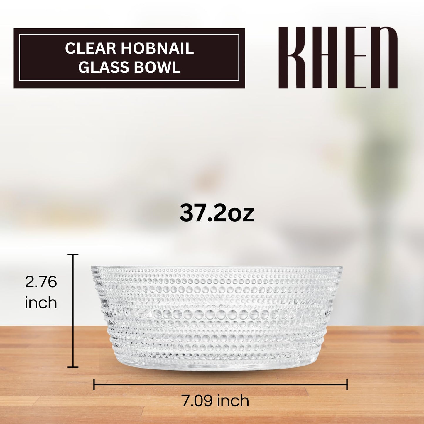 Khen Hobnail Glass Bowl Clear Vintage Style Textured Borosilicate - 10 Inch